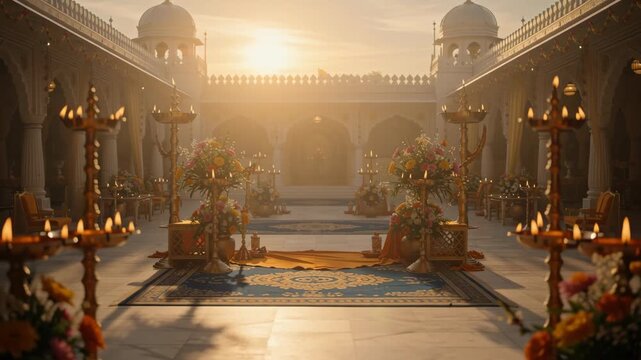 Beautiful Golden Temple Courtyard Illuminated with Diya Lamps for Festival Celebration