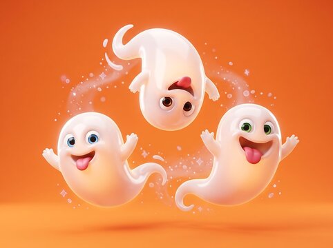 Three animated ghost characters float playfully against an orange background with sparkles.