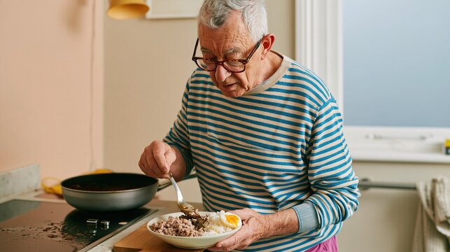 Senior man preparing a rice bowl with browned mince and egg at a kitchen counter, natural and matter-of-fact for home cooking and nutrition