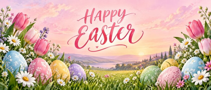 Joyful easter festivities featuring vibrant eggs blooming flowers and a stunning sunset backdrop