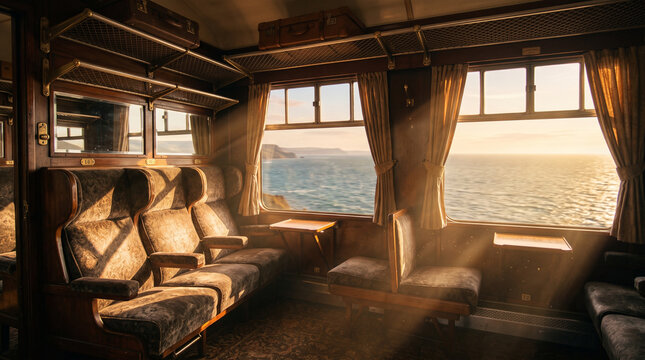 Empty Train Cabin at Golden Hour Sunset