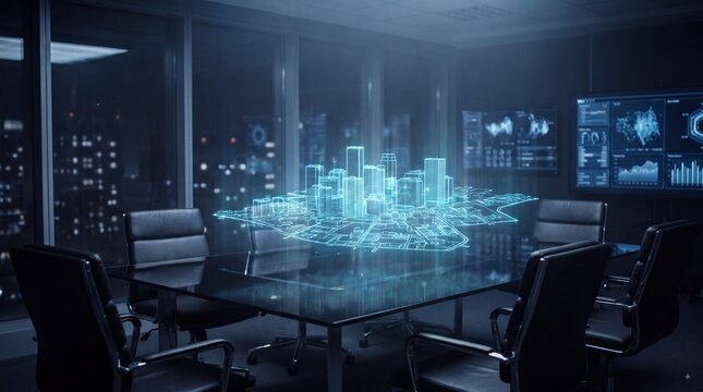 Futuristic conference room with holographic digital city projection