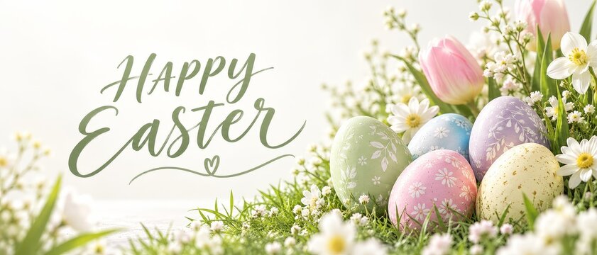 Cheerful easter card featuring vibrant eggs and blooming spring flowers in a stunning natural landscape