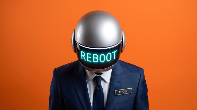 A person in a suit wearing a retro helmet with the word REBOOT displayed on the visor against an orange background