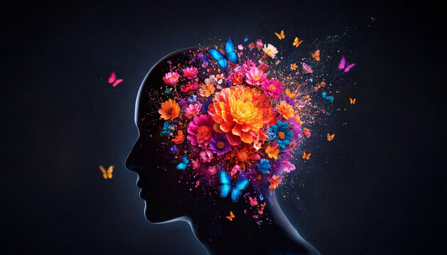 Human head silhouette with colorful flowers and butterflies bursting from the mind representing creativity and imagination concept