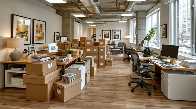 Modern professional office space featuring organized cardboard packing boxes stacked neatly on wooden desks during a corporate business relocation project