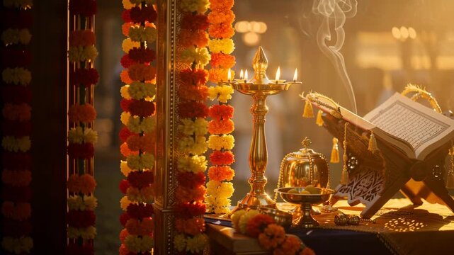 Sacred holy book resting on decorative wooden stand with glowing oil lamps and marigold garlands during religious festival celebration