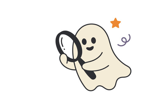 Cute friendly ghost looking through a magnifying glass