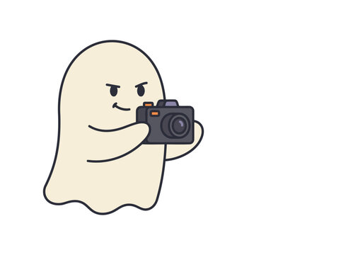 Cute cartoon ghost character taking picture with digital camera