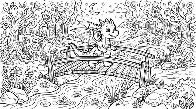 A cute baby dragon with a satchel walking across a wooden bridge in a magical forest with trees, flowers, mushrooms, and moon, coloring page