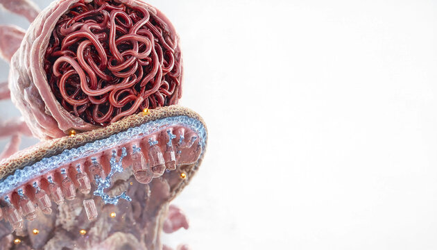 Human kidney glomerulus with capillary network and filtration barrier under microscopic view showing renal function concept
