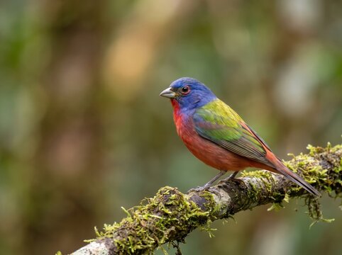 A vibrant male painted bunting perched on a mossy branch in a natural forest setting, showcasing its brilliant multicolored plumage