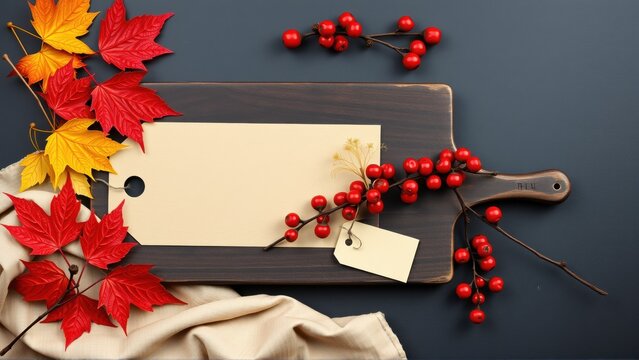 Autumnal flatlay. Wooden board, paper, leaves, berries create seasonal display. Warm tones dominate dark background. Festive, inviting composition.