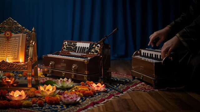 Religious ceremony setup with sacred text on golden stand and music