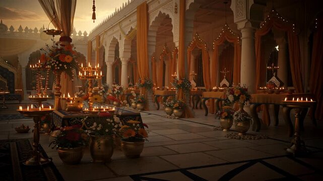 Glowing oil lamps and floral arrangements illuminate a grand temple interior during a festive celebration