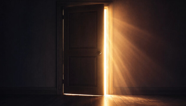 Open wooden door with golden light streaming into dark room symbolizing opportunity and new beginnings
