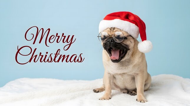 A cheerful pug wearing a santa hat brings holiday joy and festive greetings to everyone this christmas season