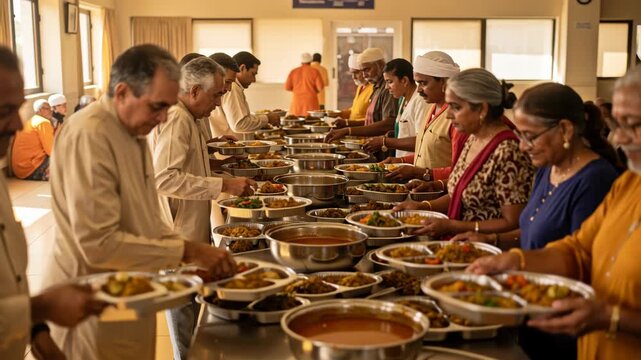 Volunteers serving community meals in large hall during traditional religious celebration