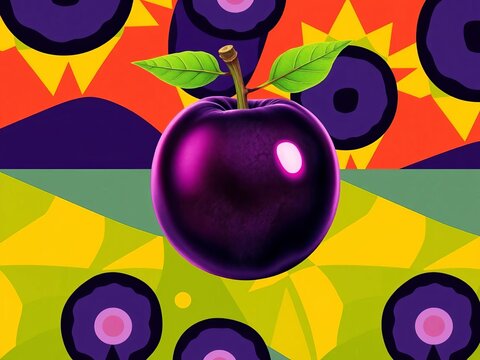 Isolated purple plum with geometric patterns in abstract stylized food art, ||abstract, patterns