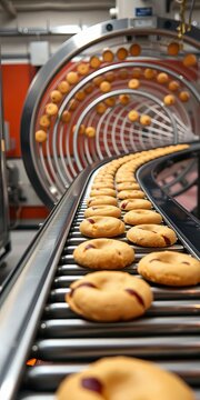 Industrial spiral conveyor belt moving rows of freshly baked cookies along a stainless steel track, technology, factory