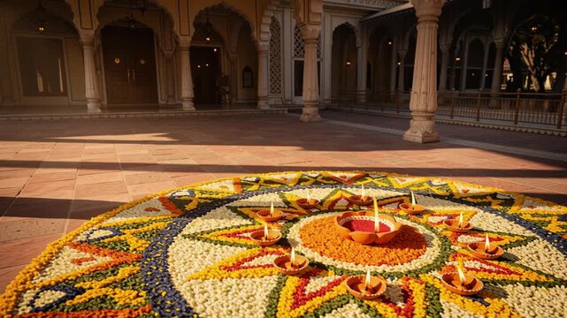 Traditional floral rangoli with lit oil lamps on stone courtyard during cultural celebration