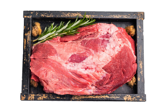 Raw beef boneless shank meat with visible marbling, ready for braising or roasting, offering a flavorful addition to any gourmet dish or family dinner. isolated on white background. top view