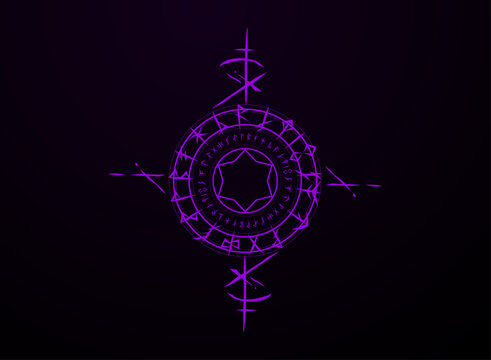 Purple glowing magic rune circle with arcane symbols, geometric rings, mystical markings, and dark fantasy styling for RPG games, spells, occult designs, and magical effects.