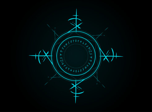 Cyan glowing magic rune circle with arcane symbols, geometric rings, mystical markings, and a dark background for fantasy RPG, spell, occult, and game design.
