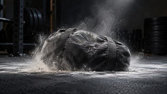 Functional Fitness Race heavy sandbag drop with dust explosion in gym