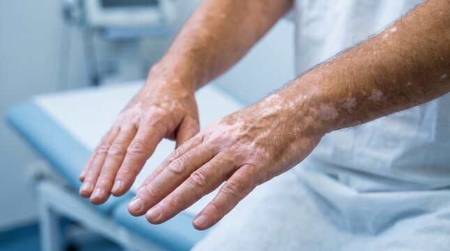 Patient hands displaying vitiligo skin pigmentation patches in medical clinic