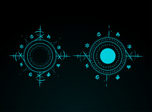 Cyan fantasy magic rune circles with arcane symbols, elemental glyphs, geometric rings, and mystical markings on a dark background for RPG games and spell designs.