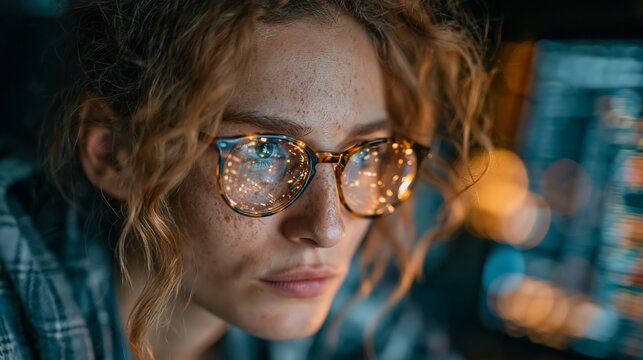 Curious young woman with freckles wearing tortoise shell glasses looking intensely at a bright glowing computer screen during late night