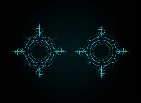 Cyan magical rune circles with geometric rings, arcane symbols, and circular nodes on a dark background, designed for fantasy RPG interfaces, spell effects, and mystical game assets.