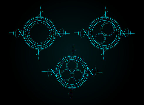 Cyan magical rune circles with nested circular symbols, arcane glyphs, geometric patterns, and dark fantasy styling for RPG games, spell effects, and mystical designs.