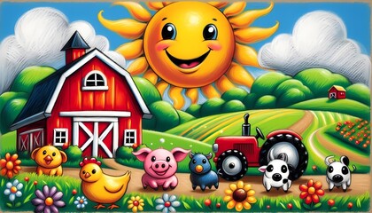 Naklejka premium A playful image of a childs crayon drawing of a farm, with a big red barn, a yellow tractor, and a line of cute, smiling animals, Ai generated image