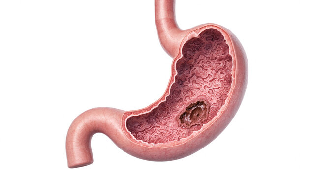 Stomach anatomy with ulcer lesion shown in cross section medical illustration for health education