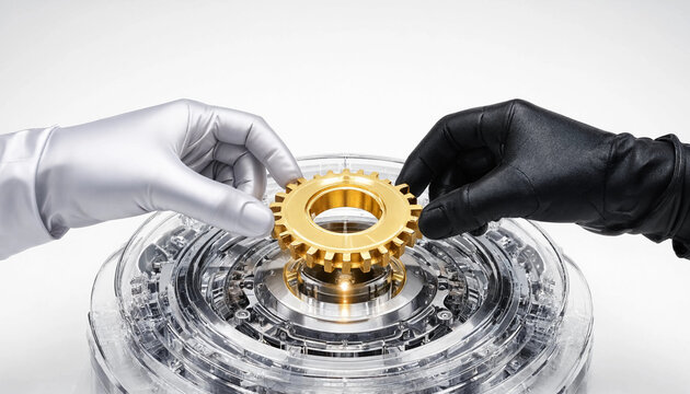 Two gloved hands placing golden gear into transparent mechanical system symbolizing collaboration and precision engineering
