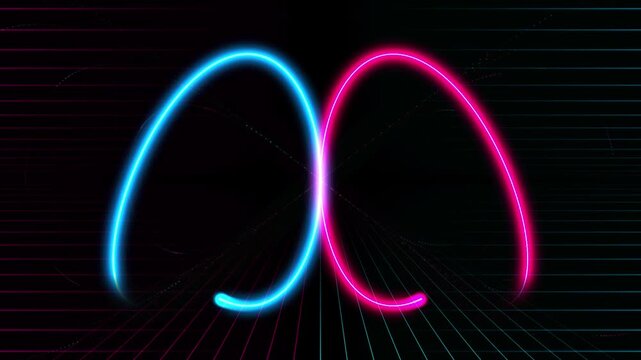 Abstract neon infinity loop glowing blue and pink on dark grid background futuristic digital motion seamless loop