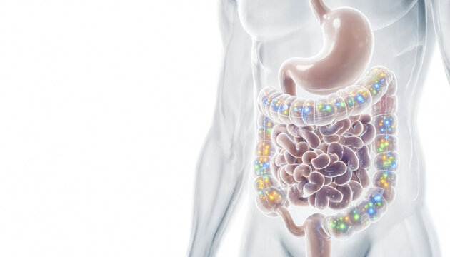 Human digestive system with glowing microbiome concept showing gut health and intestinal bacteria activity