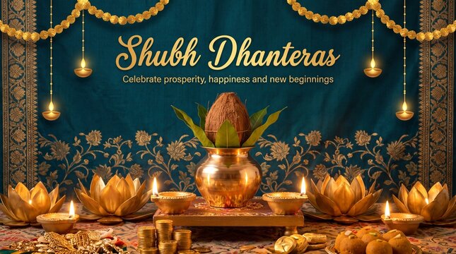 Shubh dhanteras festive background with teal color theme, golden kalash, coins and lit diyas