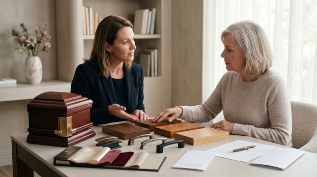 Commercial funeral consultation scene with casket materials and fabric swatches on display, focused on burial arrangements, thoughtful selection and respectful planning support.