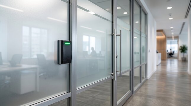 Modern smart electronic access control card reader with glowing green light mounted on a glass door in a contemporary corporate office hallway for secure entry