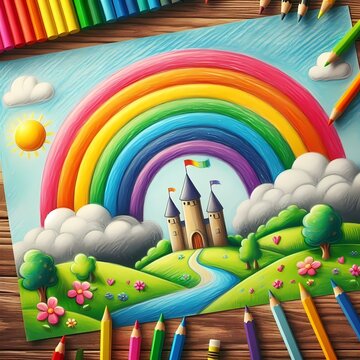 A vibrant, high-quality image of a childs crayon drawing of a rainbow, with a pot of gold at one end and a happy, colorful castle at the other, Ai generated image