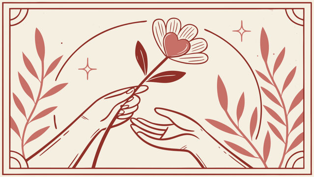 World Kindness Day grunge vector banner with hands holding heart flower line art, blush pink linocut frame and layout copy space.
