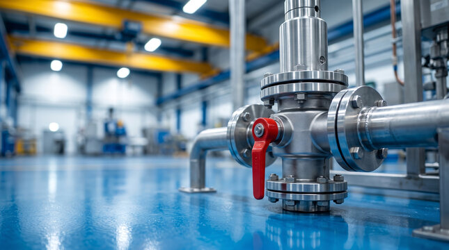 Industrial stainless steel piping system featuring red valve for factory control.