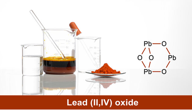 Lead (II,IV) oxide in Chemical Watch Glass place next to crystal clear liquid and Ferric Chloride Liquid in Beaker, with the complex laitmotif of a chemical compound structure.