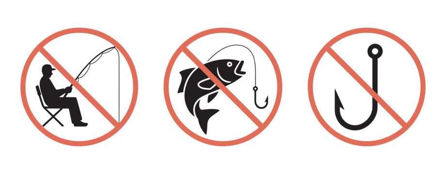 Forbidden fishing hook icon set, black fish silhouettes, red stop circle symbol, no fishing allowed signs, marine life protection vector.

