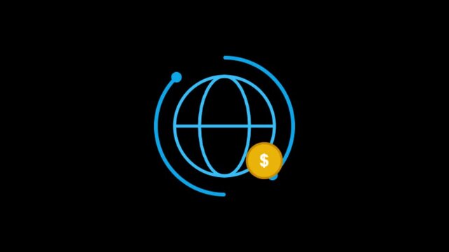 Global economy icon set with globe and dollar coin on black background