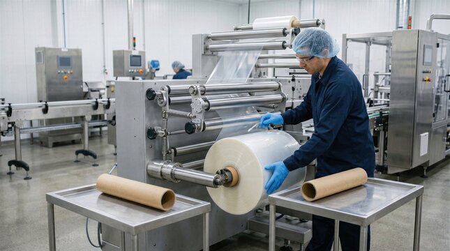 Photorealistic packaging image featuring film roll replacement, combining safe manual action, web tension control and precise transition between different product formats.