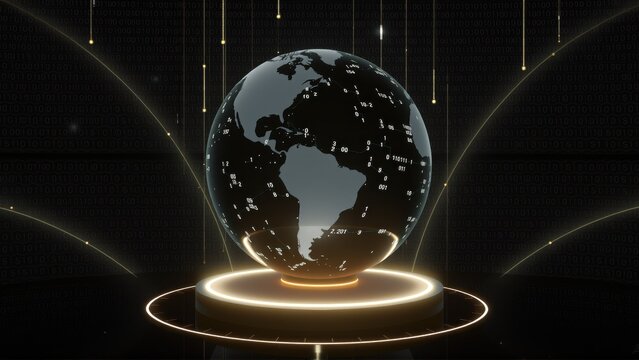 Glowing globe sits atop pedestal. Digital code streams surround sphere, creating futuristic visual. Dark background enhances illumination.